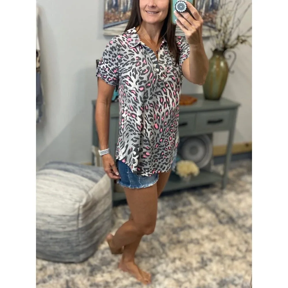 ❤️‍🔥Leopard V-Neck Collar Tab Button Gray Pink 4420